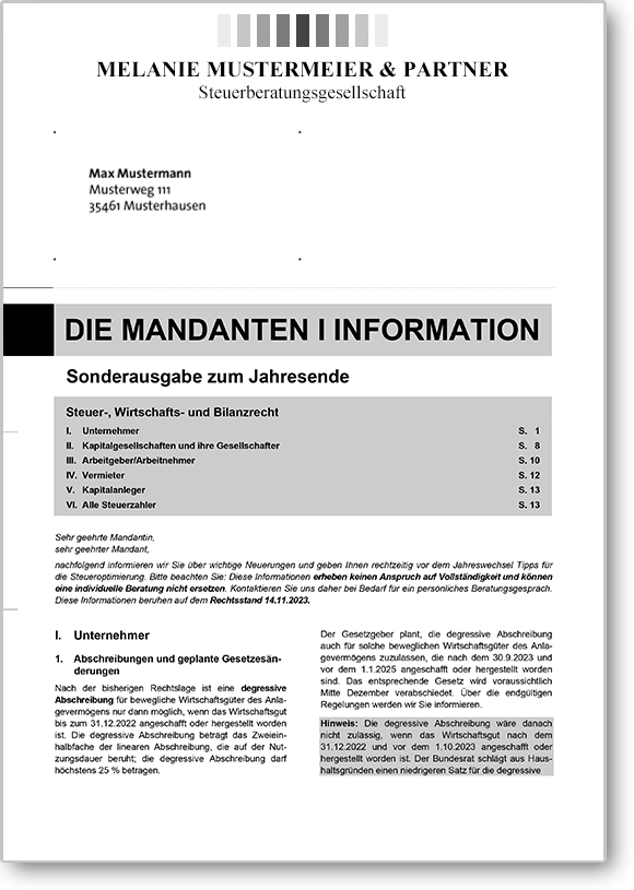 Mandanten-Information zum Jahresende 2026 mit Eindruck
