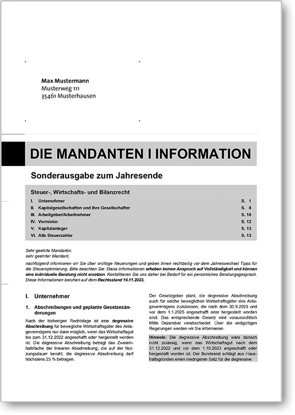 Mandanten-Information zum Jahresende 2026 ohne Eindruck